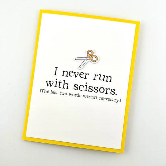 Print with scissors illustration and humorous text on a white background