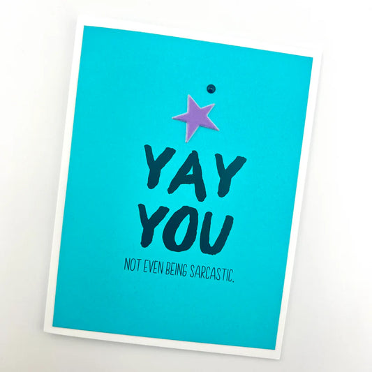 Blue card with 'YAY YOU' text and a star on a white background