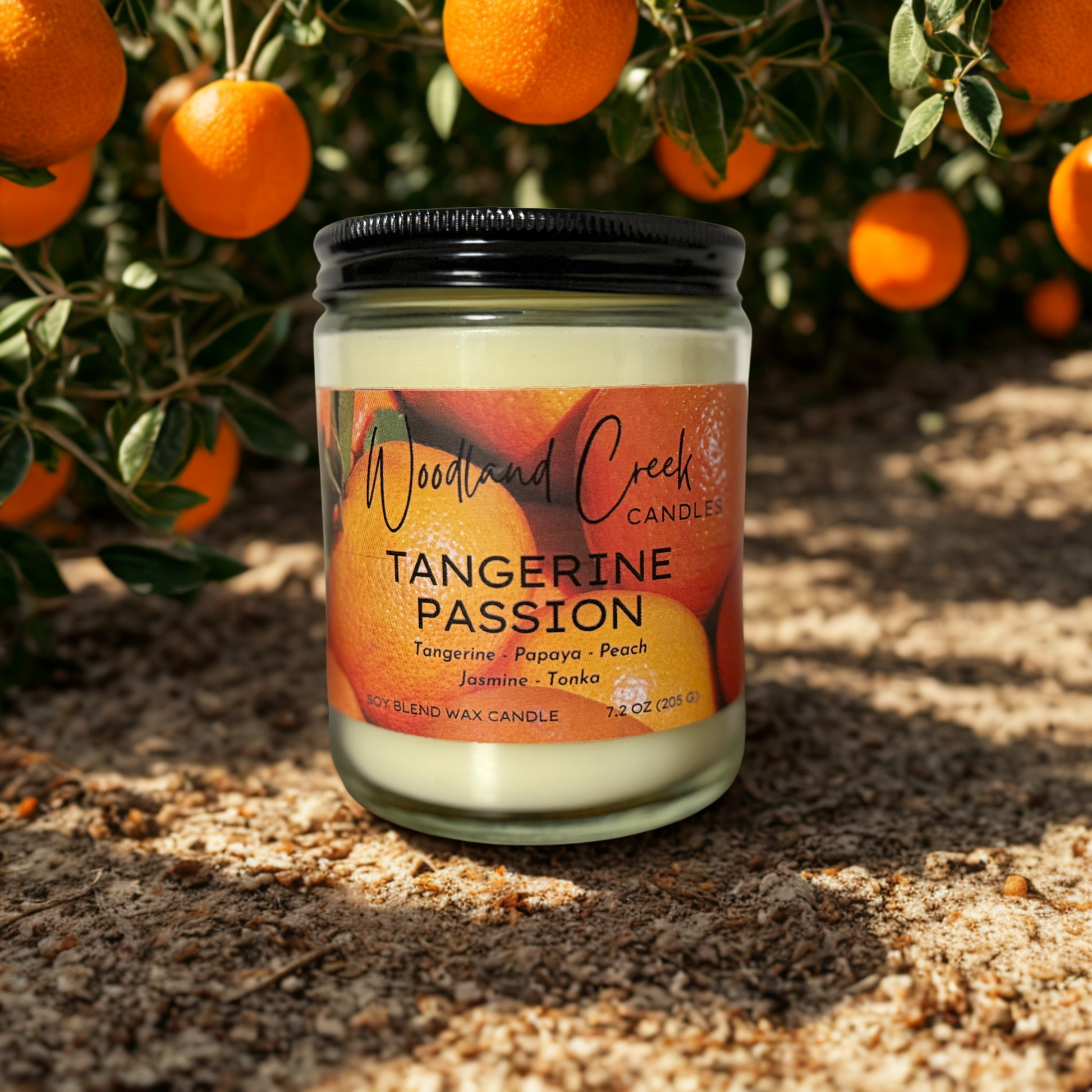 Candle jar labeled 'Tangerine Passion' by Woodland Creek Candles with tangerines in the background.