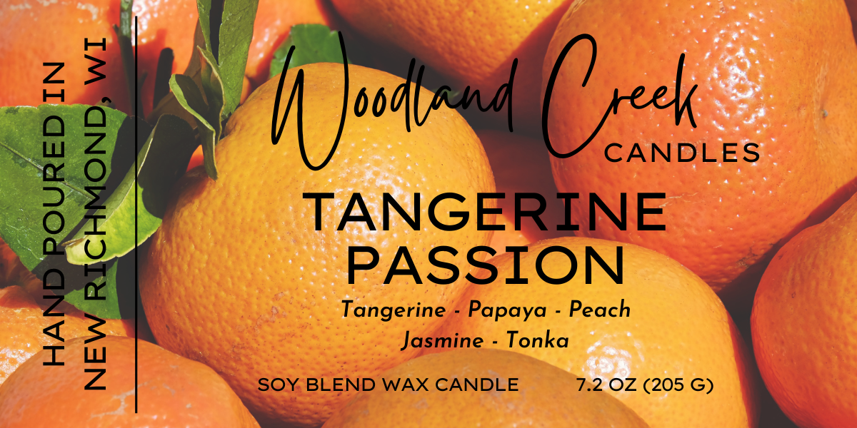 Woodland Creek Candles Tangerine Passion candle packaging with tangerines and branding text.