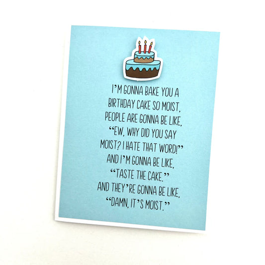 Light blue card with a birthday cake illustration and humorous text on a white background